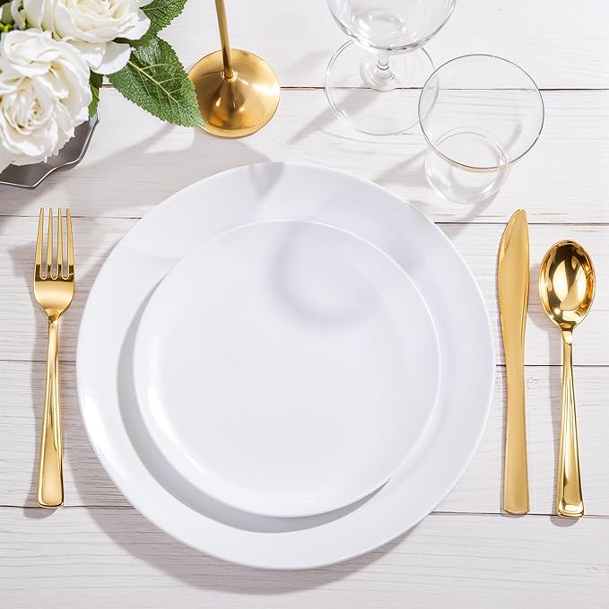 Nervure 100Pcs White Plastic Plates - 10.25inch Disposable White Dinner Plates - Heavy Duty Plastic Plate Ideal for Wedding & Party