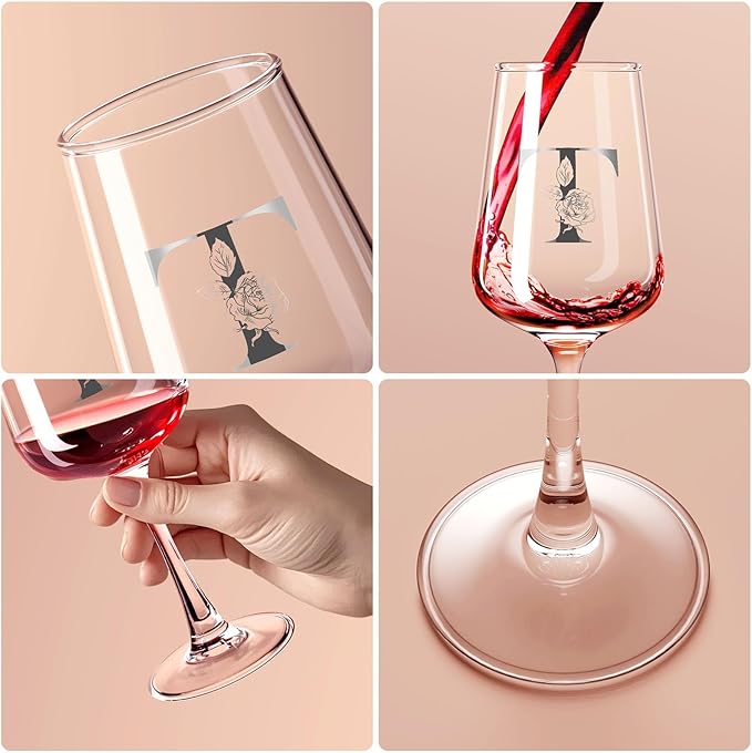 Monogrammed Wine Glass Gifts for Women - Personalized A-Z Wine Glasses with Gift Box & Greeting Card | Custom Mothers day, Anniversary, Birthday Gifts for Her, Mom, Wife, Best Friend, Sister,Woman (T)