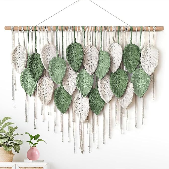 VEKALON Macrame Wall Art Tapestry - Large Boho Chic Woven Wall Hanging Decor for Bedroom, Modern Bohemian Leaf-Shaped Decorations for Office, Living Room, Bathroom(Sage Green)