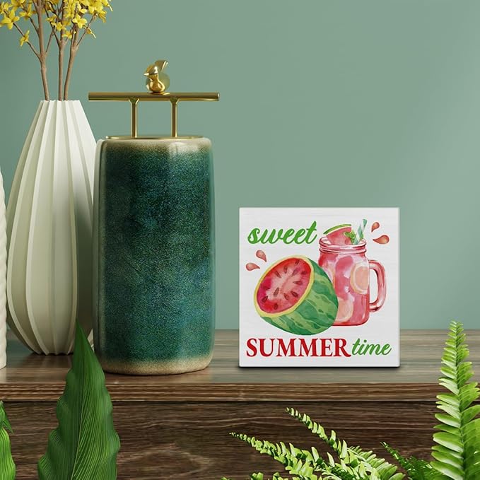 Summer Decor - Watermelon Decorations Sweet Summer Time Wooden Sign Home Kitchen Shelf Desk Decor 5 X 5 Inches