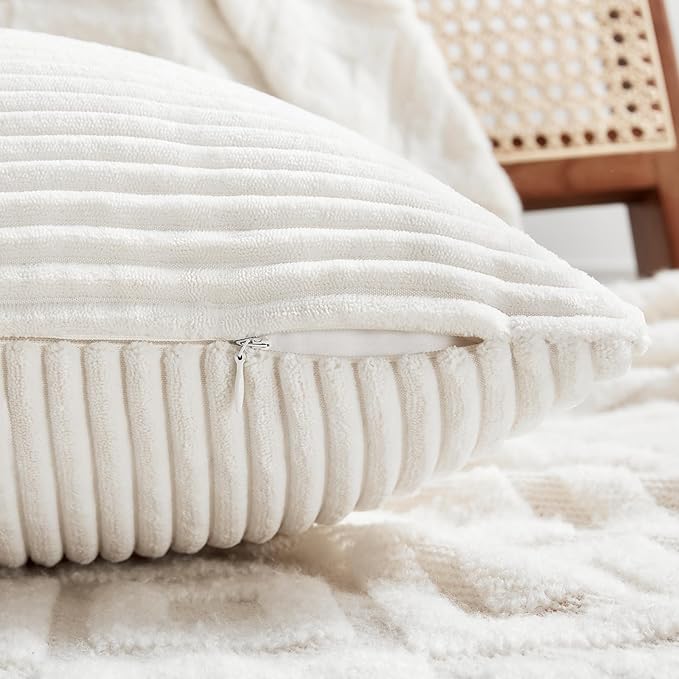 Fancy Homi 4 Packs Cream White Lumbar Decorative Throw Pillow Covers 12x20 Inch for Couch Bed Sofa, Rustic Farmhouse Boho Home Decor, Soft Striped Corduroy Rectangle Accent Cushion Case 30x50 cm