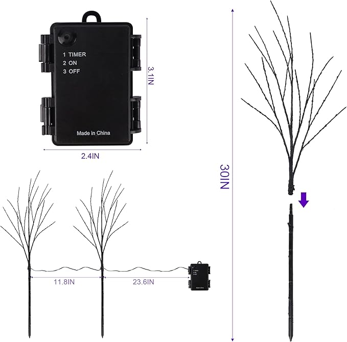 Lighted Halloween Tree Branches, 30IN 100LED Artificial Black Twig Branch with Purple Fairy Lights, Built-in Timer & Battery Operated, Waterproof for Indoor Outdoor Office Bedroom Party Decorations