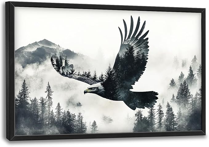 Framed Large Wall Art for Living Room, Flying Bald Eagle Canvas Wall Decor, Large Mountain Forest Pictures Framed Painting, Natural Landscape Artwork for Bedroom Office Home Decor 36L'' × 24W''