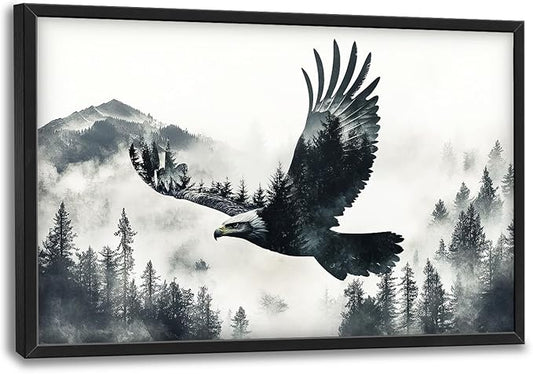 Framed Large Wall Art for Living Room, Flying Bald Eagle Canvas Wall Decor, Large Mountain Forest Pictures Framed Painting, Natural Landscape Artwork for Bedroom Office Home Decor 36L'' × 24W''