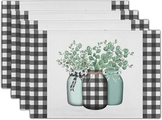 Spring Leaf Placemats 12×18 Inches Set of 4 Eucalyptus Leaf Black White Buffalo Check Seasonal Indoor Kitchen Dining Table Place Mats for Home Party Decoration
