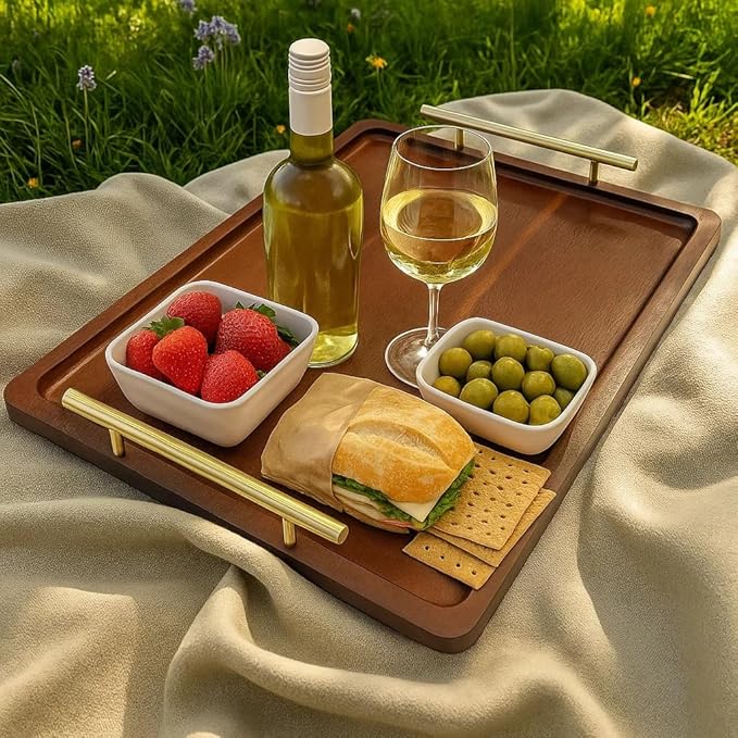 Acacia Wood Serving Tray – 17" x 13" Ottoman Tray with Metal Handles for Coffee Table, Breakfast, Snacks, Tea, Food – Decorative Wooden Tray for Kitchen, Living Room & Bedroom