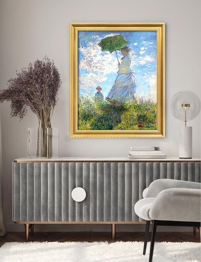 DECORARTS - Claude Monet Woman With A Parasol Giclee Print with Gold Solid Wood Frame, Impressionist Large Framed Wall Art, Ready to Hang, Framed Size 28.75x34.75, Made in USA
