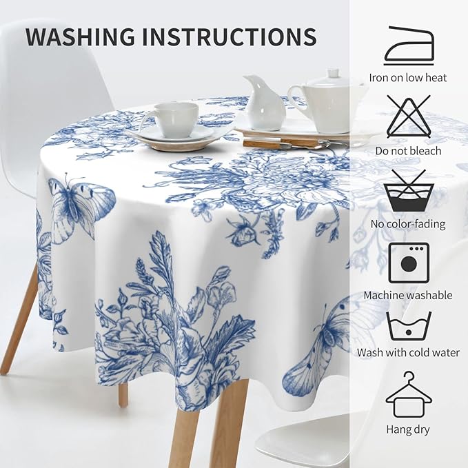 Spring Floral Tablecloth Round 60 Inch Ruitic Butterfly Table Cloth Waterproof Fabric Farmhouse Blue White Flower Tablecloths Decorative for Holiday Home Party Wedding Picnic