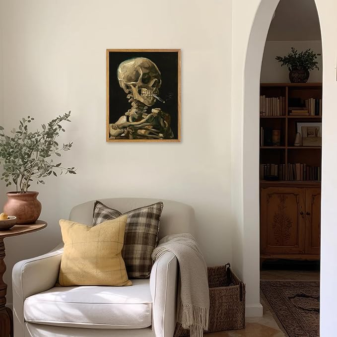 KBKBART Framed Canvas Wall Art Skull of a Skeleton with Burning Cigarette Van Gogh Art Print, Dark Academia Wall Decor Gothic Wall Art for Halloween, Living Room, Bedroom, Office, Bathroom, Gothic