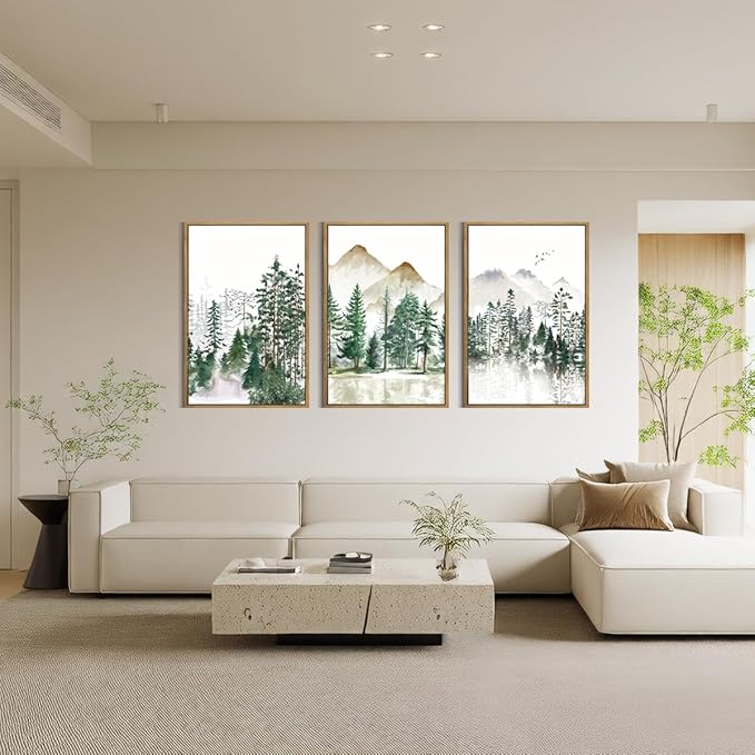 Extra Large Forest Mountain Wall Art Green Watercolor Framed Tree Painting Wall Decor for Living Room Bedroom Bathroom Office 24x36 Inch Set of 3