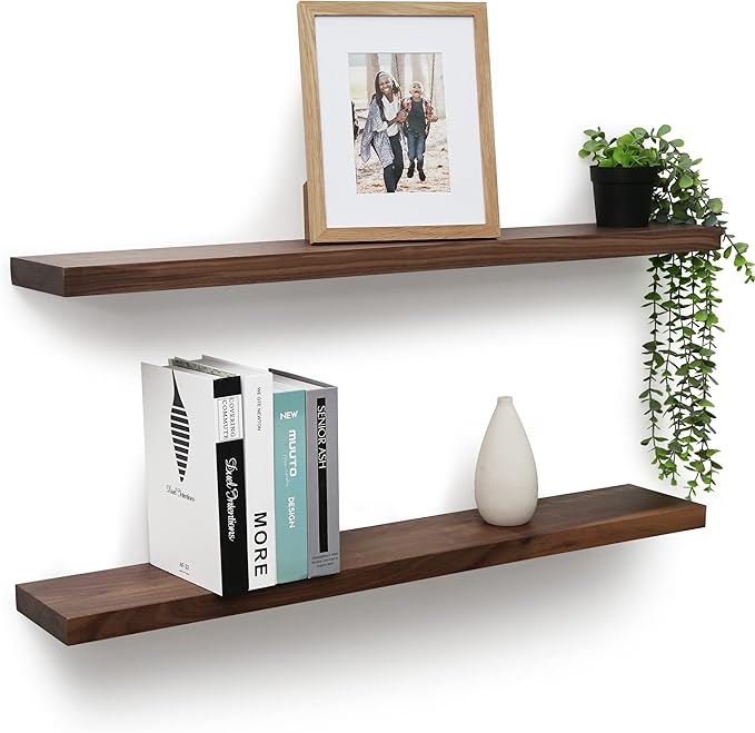 Axeman Floating Shelves Walnut | 36 Inch Wide x 6 Inch Deep Solid Walnut Wood Shelves Set of 2 - Natural Wooden Shelves for Room Wall Decor