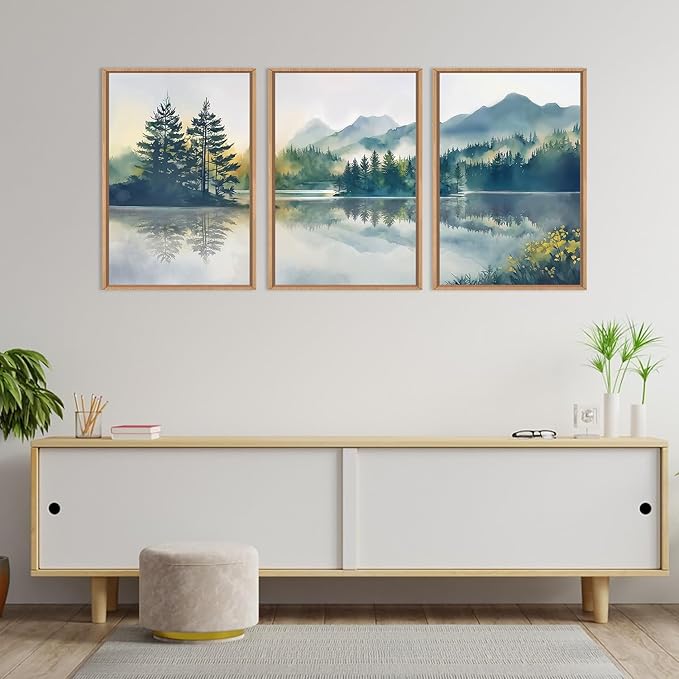HPNIUB Large Green Mountain Framed Canvas Wall Art Set, Nature Foggy Forest Lake Reflection Wall Decor,Modern Pine Tree Artwork,Watercolor Landscape Art Print for Living Room,Bedroom,Office-24 x36 x3