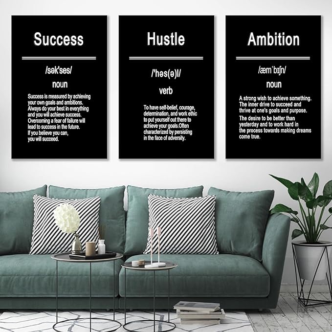Success Hustel Ambition 3 Pieces Motivational Canvas Wall Art Inspirational Quote HD Pictures Wall Decor Posters Painting Artwork for Living Room Office Workplace Stretched and Framed [72''Wx 36''H]