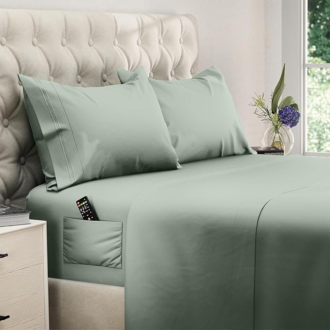 DREAMCARE Twin XL Sheets Set - 4 Pcs Cooling Bed Sheets with Up to 15" Deep Pockets - Soft, Long-Lasting 100% Brushed Polyester with Side Pocket (Sage Green)