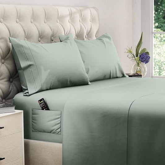 DREAMCARE Twin XL Sheets Set - 4 Pcs Cooling Bed Sheets with Up to 15" Deep Pockets - Soft, Long-Lasting 100% Brushed Polyester with Side Pocket (Sage Green)