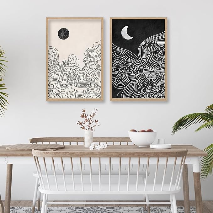 Black and White Sun Moon Boho Wall Art 16"x11" 2 Pieces Wooden Framed Mid Century Abstract Minimalist Home Sign for Living Room Bedroom Office Neutral Wall HangIing Decor (Wood)