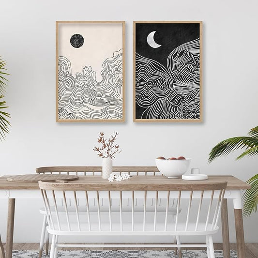 Black and White Sun Moon Boho Wall Art 16"x11" 2 Pieces Wooden Framed Mid Century Abstract Minimalist Home Sign for Living Room Bedroom Office Neutral Wall HangIing Decor (Wood)