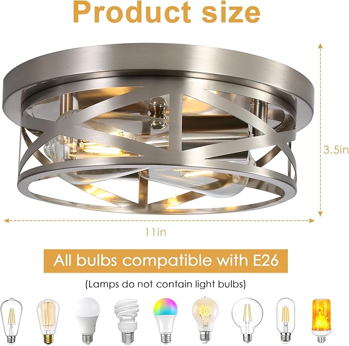 Brushed Nickel Flush Mount Ceiling Light Fixture,2-Light Industrial Farmhouse Ceiling Light Fixture，Brushed Nickel Light Fixture Ceiling Mount for Kitchen Bedroom Living Room 2Pack