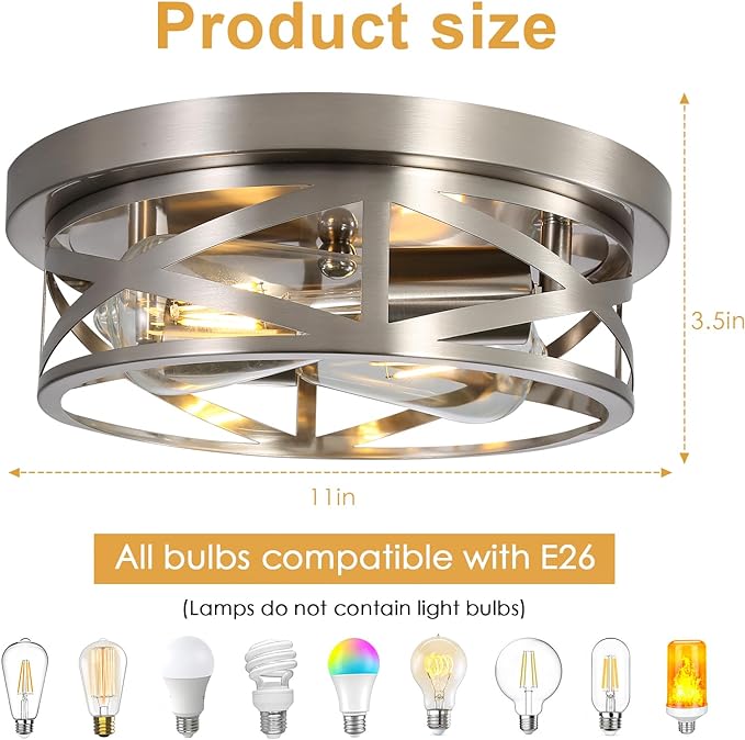 Brushed Nickel Flush Mount Ceiling Light Fixture,2-Light Industrial Farmhouse Ceiling Light Fixture，Brushed Nickel Light Fixture Ceiling Mount for Kitchen Bedroom Living Room 1 Pack