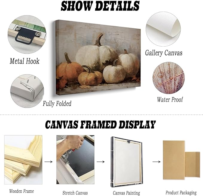 Framed Fall Wall Decor Pumpkin Still Life Canvas Paint posters Rustic Fall Art Vintage Autumn Wall Print Halloween Autumn Decor Thanksgiving 11x14 framed