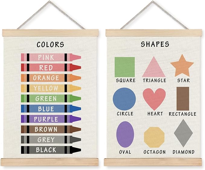 Supwhd Shapes Colors Posters for Classroom Wall, Shapes Colors Learning Poster Hanger Frame Wall Decor for Classroom Nursery Kids Room Playroom Preschool Decor, 12x16 Set of 2