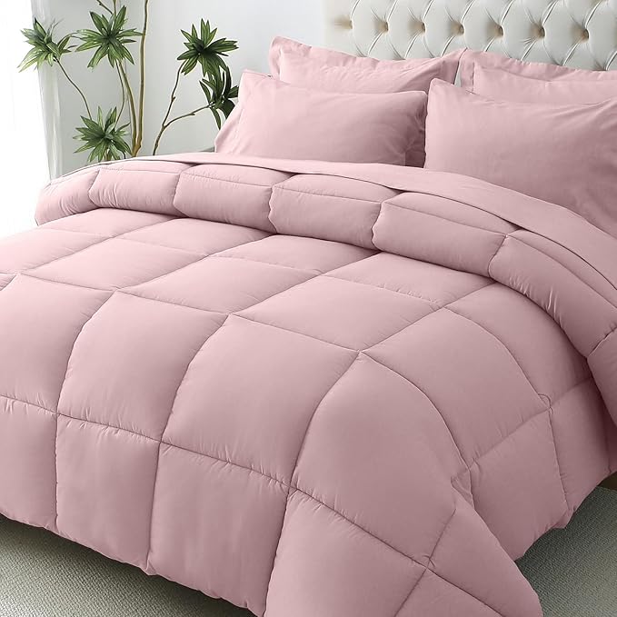 JOLLYVOGUE Queen Comforter Set, Ultra-Soft Bed in a Bag Queen Size 7 Pieces, Oeko-TEX Certified Bedding Set with Down Alternative Comforter, Sheets, Pillowcases & Shams, Camio Pink