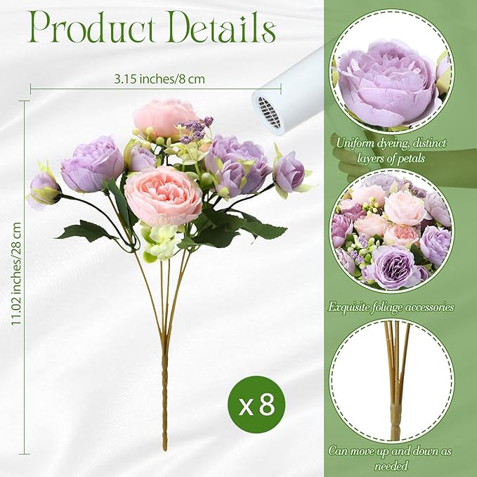 Geosar 8 Bundles Artificial Peonies Flowers Fake Silk Peony Bouquet Faux Peonies Flowers Bulk for Decoration Vase Florals Arrangements Wedding Party Table (Gray Purple,Light Purple)