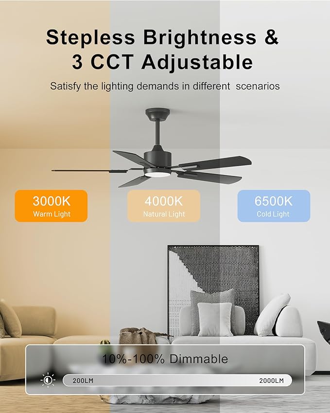 CubiCubi Ceiling Fans with Lights, 52 inch Ceiling Fan with light and Remote/APP Control, 3CCT, Dimmable, Quiet, Reversible, Modern Ceiling Fans for Indoor Bedroom, Living Room, Kitchen, Black