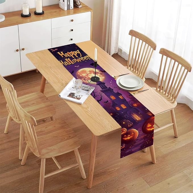 ANNA QUEEN Happy Halloween Table Runner 13 x 72 Inch for Dining Table Haunted House PumpkinTable Runner for Seasonal Fall Kitchen Dining Table Decoration for Home Party Decor