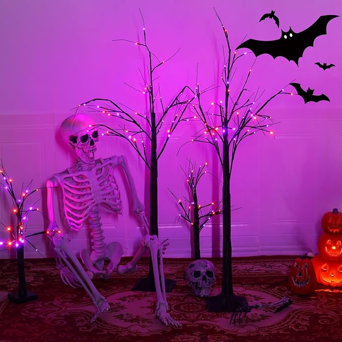 2-Pack 4FT Lighted Black Halloween Tree with 96 LED Orange & Purple Lights, Higher Size, Timer Function Halloween Trees Lights Spooky Tree for Indoor & Outdoor Halloween Decorations Home Party Decor