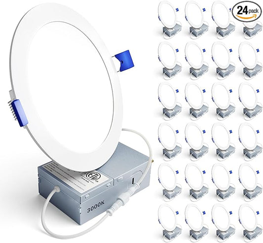 Ensenior 24 Pack 6 Inch LED Recessed Ceiling Light, Dimmable, 3000K Warm White, 1200LM 12W 120V, High Brightness Canless Wafer Downlight - ETL&FCC&IC