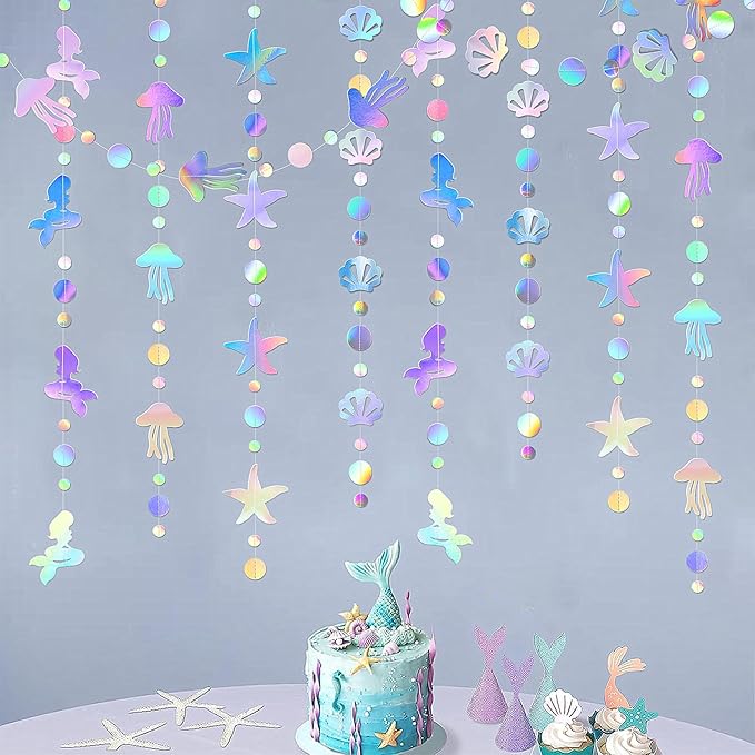 Iridescent Mermaid Birthday Party-Decorations Garland - 40FT Euphoria Under The Sea Jelly Fish Favors,Seashell Starfish Hanging Streamers Swirl,Little Mermaid Baby Shower Banner Decor Panduola