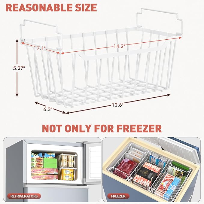 Goovilla Freezer Organizer Bins with Foldable Handle, 4 Pack Stackable Freezer Baskets for 3.5-7 Cu.FT Deep Chest Freezer Organization, White Metal Freezer Storage Bins with Better Space Utilization