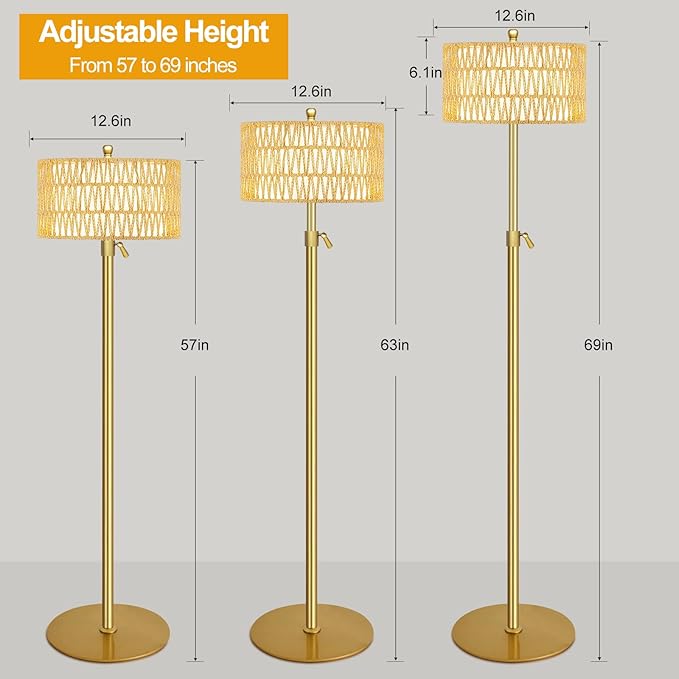 Gold Floor Lamps for Living Room Rattan Boho Floor Lamp with Remote Control,Dimmable Wicker Floor Lamp Modern Standing Lamp with 3 Color Temperature Brass Tall Floor Lamps for Bedroom Corner