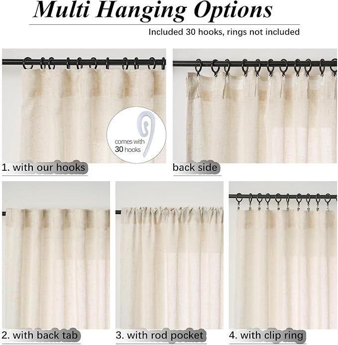 Neutral Linen Semi Sheer Curtains 102 Inch Long, 50 Inches Width, Flax Light Filtering Drapes for Living Room, Cream Beige Modern Farmhouse Window Curtain, Back Tab & Rod Pocket