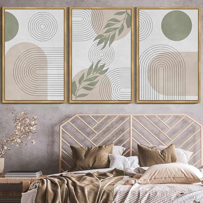 KUVIOKE Green Boho Framed Wall Art Modern Botanical Wall Printing Neutral Geometric Prints Bohemain Sage Decor Ready to Hang 24x36in (Natural Framed)