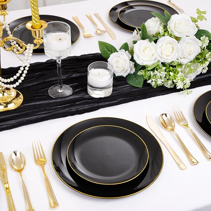 YOUBET 125PCS Black and Gold Plastic Plates - Black Disposable Plates With Gold Rim - Includes 25 Dinner Plates, 25 Dessert Plates, 75 Gold Cutlery for Wedding & Birthday Party Halloween