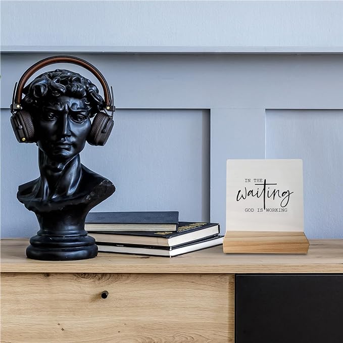 In the Waiting God is Working Christian Desk Small Wood Sign Signs with Wooden Stand,Inspirational Religious Sign Decor for Home Office Church,Positive Christian Gifts for Women Men Teens