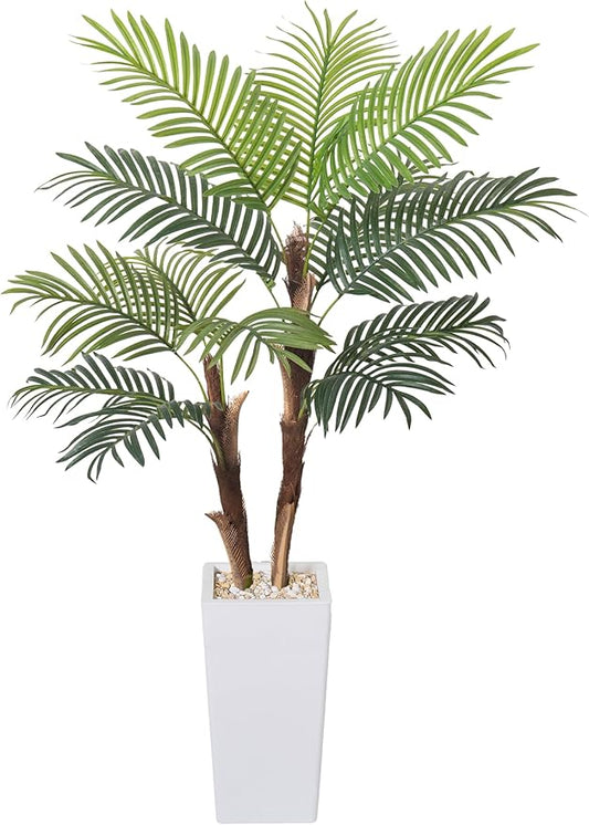 Artificial Palm Tree 5FT, Fake Tree with Realistic Fiber Trunks and White Tall Planter, Faux Tropical Areca Floor Plant in Pot, Artificial Silk Plant for Home Decor Office Living Room Decor