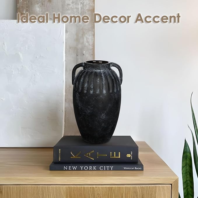 Ceramic Rustic Farmhouse Vase, 9 inch Pottery Black Flower Vase with 2 Handles for Centerpieces Pampas Grass Boho Modern Rustic Farmhouse Decor for Living Room Kitchen Countertop Dinner Table Shelves