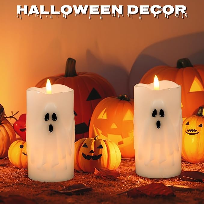 Eldnacele Halloween Flameless Candles with Remote and Timer, Battery Operated Hand Painted Ghost 3D Wick Flickering Real Wax White LED Pillar Candles Spooky Ghost Face Halloween Decor(2pcs,D3×H6.5)