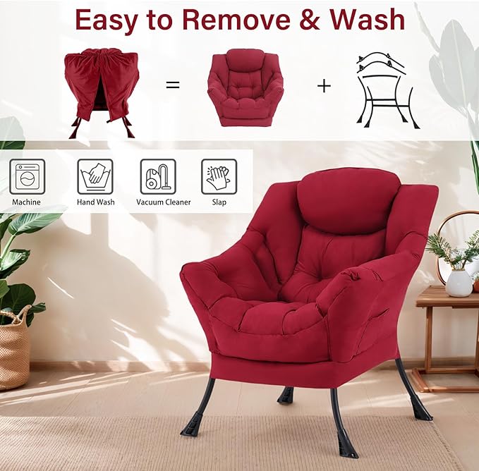 Lazy Chair for Living Room, Modern Accent Chairs with Armrests, Comfy Lounge Chair with Side Pocket, Cozy Lazy Sofa for Reading, Balcony, Bedroom, Dorm, Small Spaces (Burgundy)