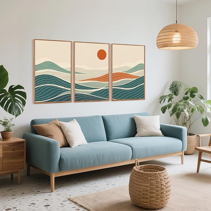 CHDITB Coastal Wave Framed Canvas Wall Art Set, Panoramic Minimalist Sea Wall Decor, Sun Ocean Waves Line Art Wall Painting, Modern Blue Art Prints for Living Room, Beach House Decor 16"x24"x3