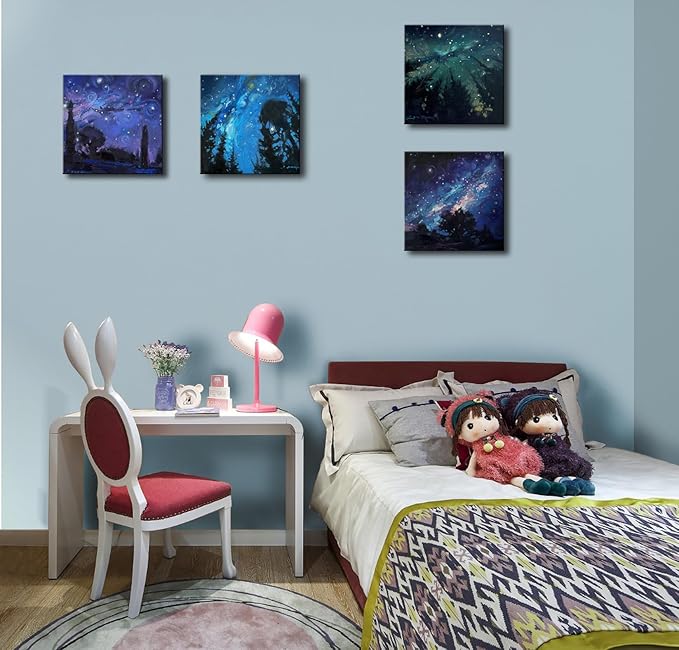 Blue Starry Night Canvas Wall Art Forest Tree Paintings Decor Abstract Nature Landscape Artwork Poster Prints Colorful Space Northern Lights Pictures Decoration for Bedroom Living Room Bathroom Office