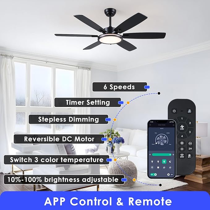 Ceiling Fans with Light, 52in Flush Mount Ceiling Fan with Light and Remote/App Control,Low Profile,Super Brigt LED,3CCT,Dimmable,Quiet DC Motor for Bedroom Kitchen Black