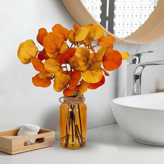 Briful Artificial Eucalyptus Stems in Amber Glass Vase with Faux Water, 14" Fake Fall Plant Autumn Leaves for Home Farmhouse Wedding Centerpiece Bathroom Décor