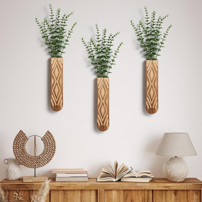 3 Pack Wood Wall Planter, Boho Wall Vase for Hallway Decor and Bathroom Decor, Modern Farmhouse Decor, Wooden Hanging Planter for Holding Dried Flowers and Faux Greenery