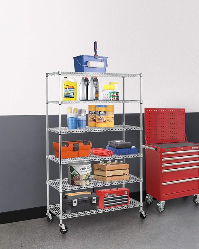 BestOffice | 6-Tier Wire Storage Shelves with Wheels | 18x48x77 | Chrome | Adjustable Racks | Heavy-Duty Metal Shelf, Holds Upto 600 lbs | No-Tool Assembly | Ideal for Home & Garage Shelving