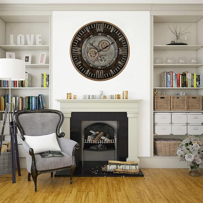 CLXEAST 24 Inch Large Moving Gear Wall Clock for Farmhouse Living Room Decor,Vintage Industrial Bronze Gold Metal Wall Clock for Home Office,House Warming Gifts New Home