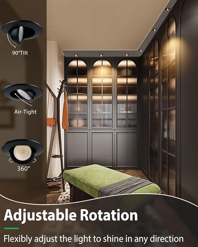 zouzai 5CCT LED Gimbal Led Recessed Light with Junction Box, 360°+90° Adjustable Directional Eyeball Lighting, Dimmable, 2700K/3000K/3500K/4000K/5000K,ETL&Energy Star (Black 12 Pack, 2 inch)